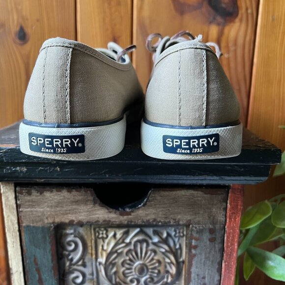WOMEN'S SPERRY TOP SIDER BOAT SHOES KHAKI CANVAS  LEATHER SHOE STRINGS SZ 7.5 M - Picture 8 of 13